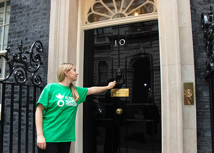 An Action Against Hunger supporter at 10 Downing Street.