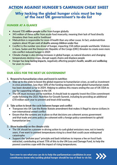 Action Against Hunger's campaign cheat sheet.