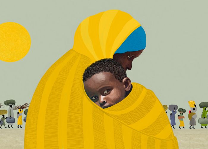 An illustration of a mother holding their child in Sudan.