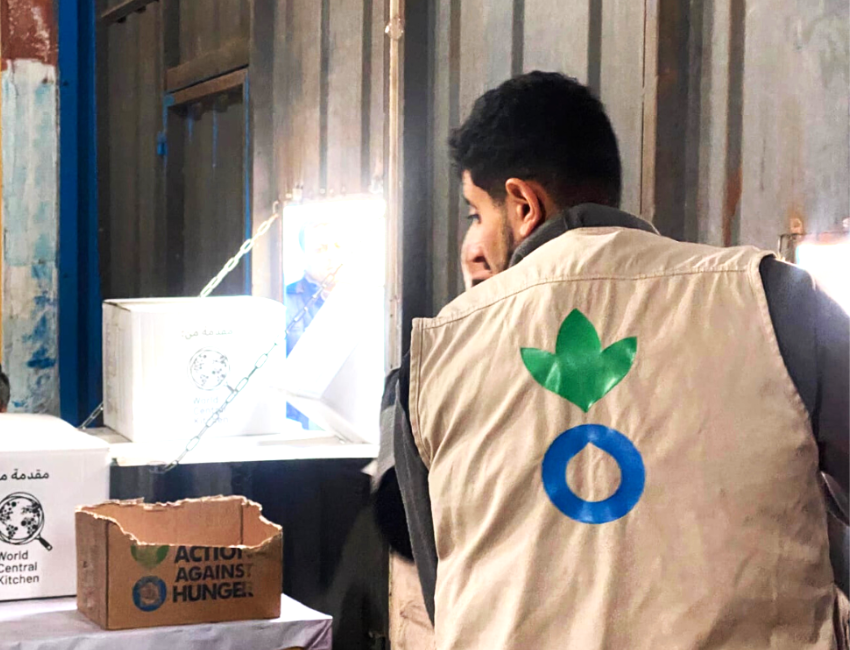 An Action Against Hunger food distribution in Gaza, with World Central Kitchen.
